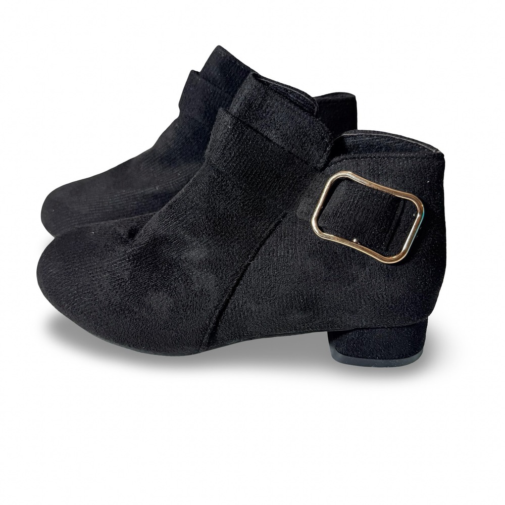 Black Faux Suede Ankle Booties Gold Buckle Low Block Heel Round Toe Women Sz 6
